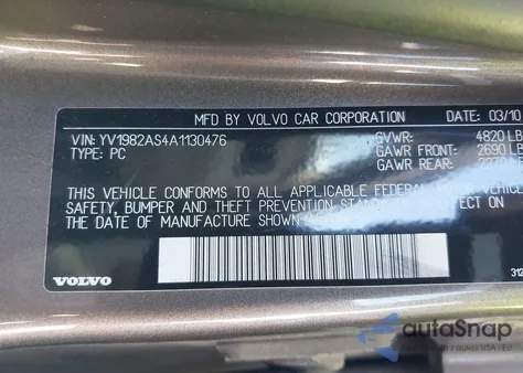 2010 Volvo S80 3.2 из США, поврежденный, VIN YV1982AS4A1130476